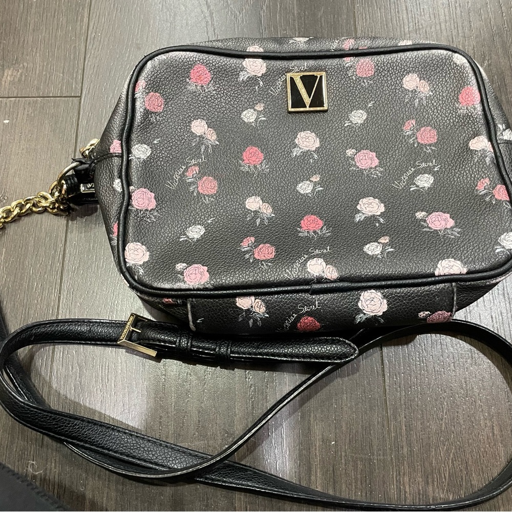 Fashion VS Victoria Secret Minimalist Black Floral PU Leather Crossbody Bag
